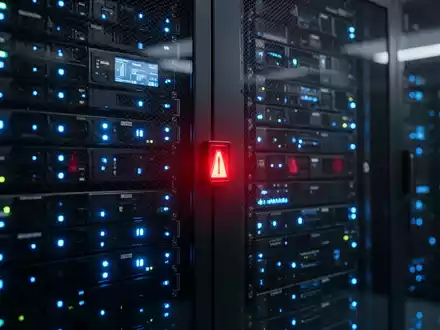 Moderne Serverraum-Racks mit blauen Statusleuchten und einer leuchtenden Warnanzeige, die einen Netzwerkausfall darstellt. - Foto: über boerse-global.de