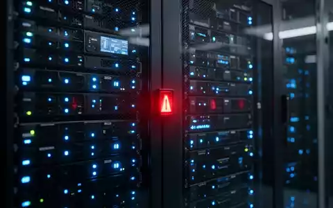 Moderne Serverraum-Racks mit blauen Statusleuchten und einer leuchtenden Warnanzeige, die einen Netzwerkausfall darstellt. - Foto: über boerse-global.de
