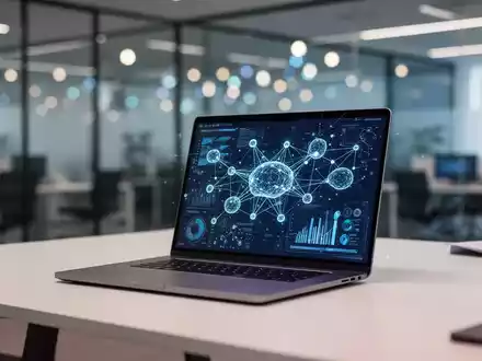 Moderner Schreibtisch mit Laptop, der abstrakte Datenvisualisierung und neuronale Netzwerkmuster zeigt. - Foto: über boerse-global.de