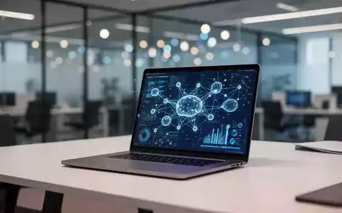Moderner Schreibtisch mit Laptop, der abstrakte Datenvisualisierung und neuronale Netzwerkmuster zeigt. - Foto: über boerse-global.de