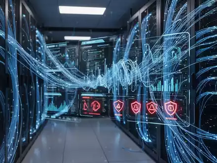 Digitales Dashboard in einem modernen Serverraum, das Datenströme und Sicherheitssymbole für die IT-Abwehr anzeigt. - Foto: über boerse-global.de