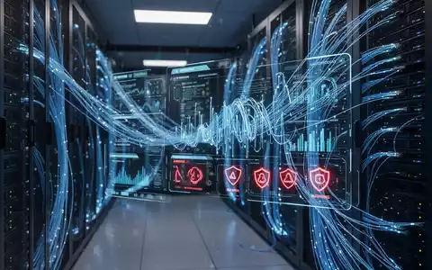 Digitales Dashboard in einem modernen Serverraum, das Datenströme und Sicherheitssymbole für die IT-Abwehr anzeigt. - Foto: über boerse-global.de