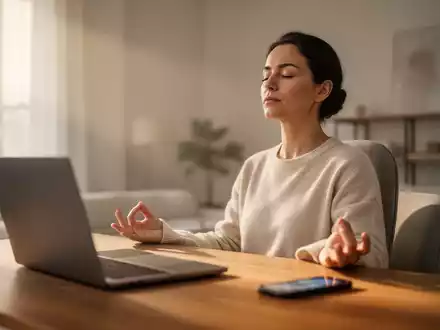 Eine Person meditiert in einem hellen, minimalistischen Büro abseits von digitalen Geräten als Zeichen mentaler Erholung. - Foto: über boerse-global.de