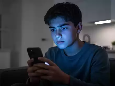 Eine junge Person blickt in einem abgedunkelten Raum auf ein Smartphone, dessen bläuliches Licht ihr Gesicht beleuchtet. - Foto: über boerse-global.de