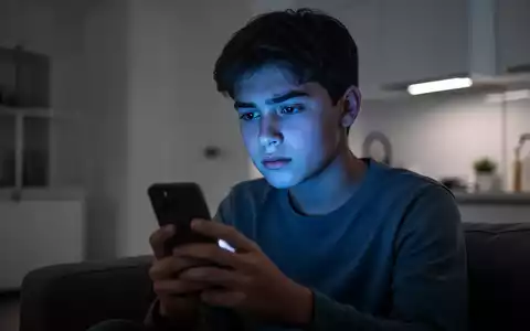 Eine junge Person blickt in einem abgedunkelten Raum auf ein Smartphone, dessen bläuliches Licht ihr Gesicht beleuchtet. - Foto: über boerse-global.de