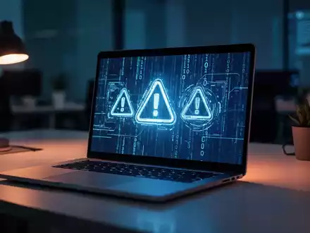 Laptop mit abstrakten digitalen Warnsymbolen und Binärcode in einem modernen, professionell beleuchteten Büro. - Foto: über boerse-global.de