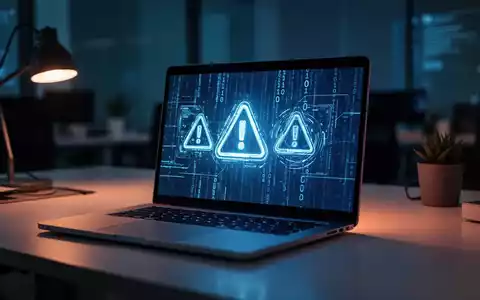 Laptop mit abstrakten digitalen Warnsymbolen und Binärcode in einem modernen, professionell beleuchteten Büro. - Foto: über boerse-global.de