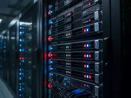 Dunkler Serverraum mit leuchtenden Rack-Servern als Symbol für eine IT-Sicherheitslücke. - Foto: über boerse-global.de