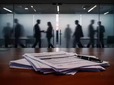 Ein Schreibtisch mit geschwärzten Regierungsdokumenten vor einer verschwommenen Büro-Kulisse. - Foto: über boerse-global.de