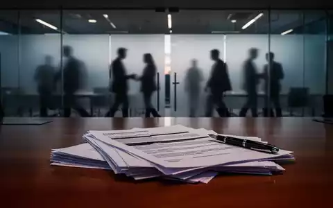 Ein Schreibtisch mit geschwärzten Regierungsdokumenten vor einer verschwommenen Büro-Kulisse. - Foto: über boerse-global.de