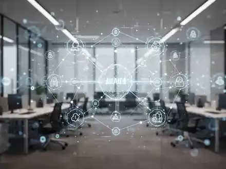 Modernes Bürointerieur mit abstrakten digitalen Datenüberlagerungen, die KI-gesteuerte Unternehmensautomatisierungs-Workflows darstellen. - Foto: über boerse-global.de