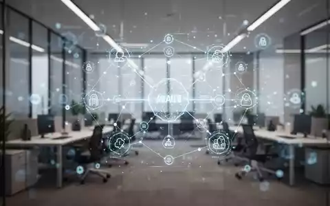 Modernes Bürointerieur mit abstrakten digitalen Datenüberlagerungen, die KI-gesteuerte Unternehmensautomatisierungs-Workflows darstellen. - Foto: über boerse-global.de