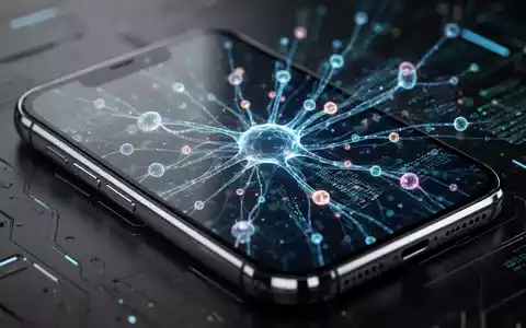 Nahaufnahme eines Smartphone-Bildschirms mit abstrakter Datenvisualisierung und neuronalen Netzwerkknoten, die Software-Updates darstellen. - Foto: über boerse-global.de