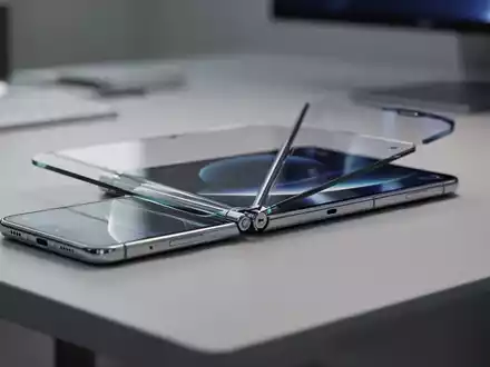 Nahaufnahme eines hochwertigen faltbaren Smartphone-Prototyps, der Scharniermechanismus und Display auf einem sauberen Schreibtisch zeigt. - Foto: über boerse-global.de