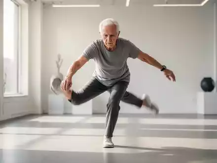 Eine ältere Person bei konzentrierten Balanceübungen in einem hellen, modernen Raum zur Sturzprävention. - Foto: über boerse-global.de