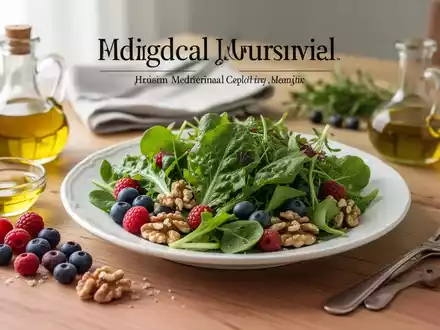 Gesunde Ernährung mit Blattgemüse, Beeren und Nüssen auf einem Holztisch als Symbol für Gefäß- und Gehirngesundheit. - Foto: über boerse-global.de