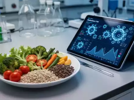 Ein moderner Labortisch mit gesundem Gemüse und einem digitalen Tablet, das medizinische Daten zur Krebsforschung zeigt. - Foto: über boerse-global.de