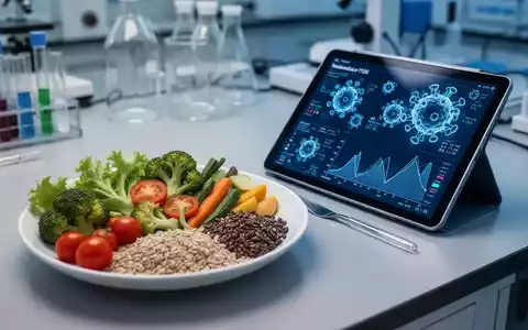 Ein moderner Labortisch mit gesundem Gemüse und einem digitalen Tablet, das medizinische Daten zur Krebsforschung zeigt. - Foto: über boerse-global.de