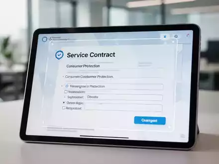 Ein Tablet mit einer transparenten digitalen Benutzeroberfläche zur Vertragsverwaltung in einer modernen Büroumgebung. - Foto: über boerse-global.de