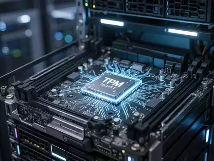 Nahaufnahme eines Server-Motherboards mit Fokus auf Hardware-Sicherheitschips in einer modernen Rechenzentrumsumgebung. - Foto: über boerse-global.de
