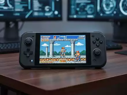 Moderne Gaming-Handheld-Konsole mit klassischem Xbox-Spiel auf dem Bildschirm in einem professionellen Arbeitsbereich. - Foto: über boerse-global.de