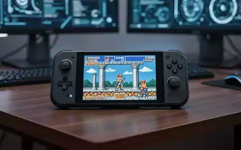 Moderne Gaming-Handheld-Konsole mit klassischem Xbox-Spiel auf dem Bildschirm in einem professionellen Arbeitsbereich. - Foto: über boerse-global.de