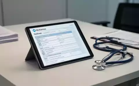 Ein digitaler Tablet-Bildschirm mit medizinischem Formular und ein Stethoskop auf einem modernen Schreibtisch. - Foto: über boerse-global.de