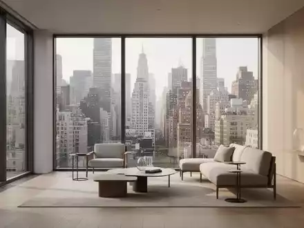 Modernes, minimalistisch eingerichtetes Apartment mit großem Fenster und Blick auf eine dicht bebaute Stadtlandschaft. - Foto: über boerse-global.de