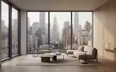 Modernes, minimalistisch eingerichtetes Apartment mit großem Fenster und Blick auf eine dicht bebaute Stadtlandschaft. - Foto: über boerse-global.de