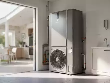 Moderne Wärmepumpe in einem hellen Technikraum als Symbol für energetische Sanierung und staatliche Förderung. - Foto: über boerse-global.de