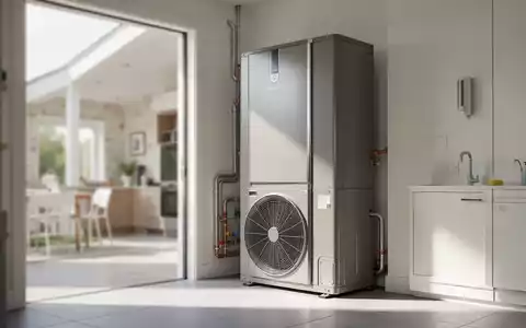 Moderne Wärmepumpe in einem hellen Technikraum als Symbol für energetische Sanierung und staatliche Förderung. - Foto: über boerse-global.de