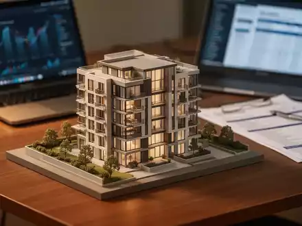 Architekturmodell eines Wohngebäudes auf einem Schreibtisch mit Unterlagen zur steuerlichen Immobilienbewertung. - Foto: über boerse-global.de