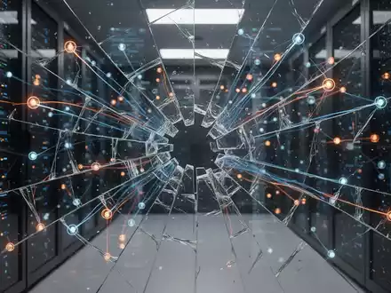 Abstrakte Visualisierung eines digitalen Sicherheitsdurchbruchs mit leuchtenden Datenströmen in einer Serverumgebung. - Foto: über boerse-global.de