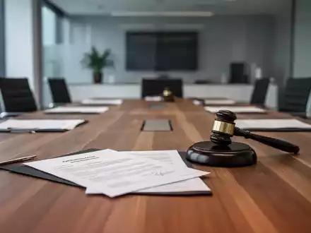 Ein hölzerner Konferenztisch mit juristischen Dokumenten und einem Richterhammer in einer modernen Büroumgebung. - Foto: über boerse-global.de