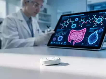 Wissenschaftliche Darstellung einer medizinischen Tablette vor einem verschwommenen Laborhintergrund mit molekularen Grafiken. - Foto: über boerse-global.de