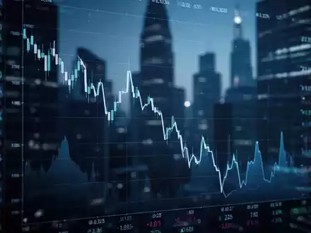 Digitaler Aktienchart mit einem steilen Abwärtstrend vor verschwommenem Finanzviertel. - Foto: über boerse-global.de