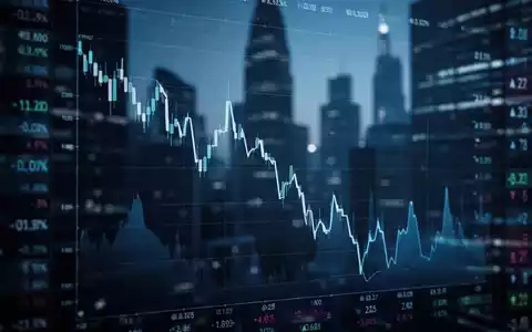 Digitaler Aktienchart mit einem steilen Abwärtstrend vor verschwommenem Finanzviertel. - Foto: über boerse-global.de