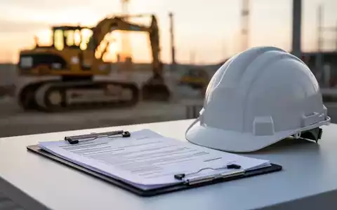 Ein Klemmbrett mit Unterlagen und ein Bauhelm auf einem Tisch vor einer Baustelle bei Sonnenaufgang. - Foto: über boerse-global.de