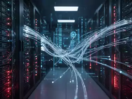 Dunkler Serverraum mit leuchtenden Datenkabeln und Server-Racks als Symbol für Cybersicherheit und digitale Bedrohungen. - Foto: über boerse-global.de