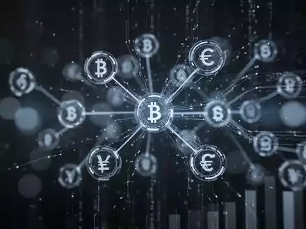 Digitale Blockchain-Netzwerk-Visualisierung mit abstrakten Finanzdaten und Währungssymbolen auf blauem Hintergrund. - Foto: über boerse-global.de