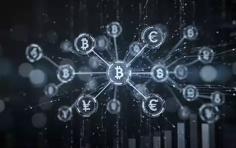 Digitale Blockchain-Netzwerk-Visualisierung mit abstrakten Finanzdaten und Währungssymbolen auf blauem Hintergrund. - Foto: über boerse-global.de