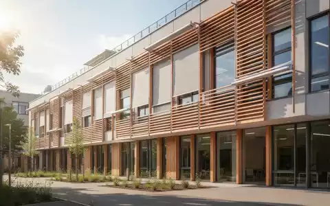 Moderne Schulfassade mit Sonnenschutzvorrichtungen zur Hitzeregulierung an einem sonnigen Tag. - Foto: über boerse-global.de