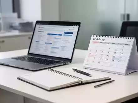 Ein moderner Schreibtisch mit Laptop und Kalender, der eine Arbeitswoche symbolisiert, vor einem unscharfen Bürohintergrund. - Foto: über boerse-global.de