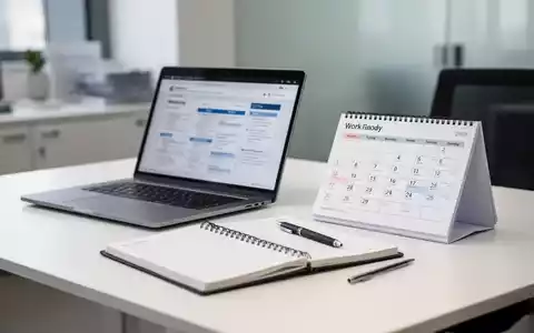 Ein moderner Schreibtisch mit Laptop und Kalender, der eine Arbeitswoche symbolisiert, vor einem unscharfen Bürohintergrund. - Foto: über boerse-global.de