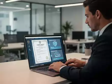 Ein Mitarbeiter arbeitet konzentriert an einem Laptop mit digitalen Datenschutz- und Compliance-Zertifikaten. - Foto: über boerse-global.de