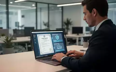 Ein Mitarbeiter arbeitet konzentriert an einem Laptop mit digitalen Datenschutz- und Compliance-Zertifikaten. - Foto: über boerse-global.de