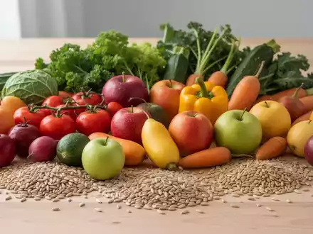 Frisches Gemüse, Obst und Vollkornprodukte auf einem Holztisch als Symbol für eine gesunde Ernährung bei Kindern. - Foto: über boerse-global.de