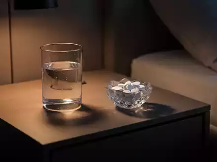 Ein Glas Wasser und Magnesiumtabletten auf einem Nachttisch in gedimmtem, warmem Licht. - Foto: ĂŒber boerse-global.de