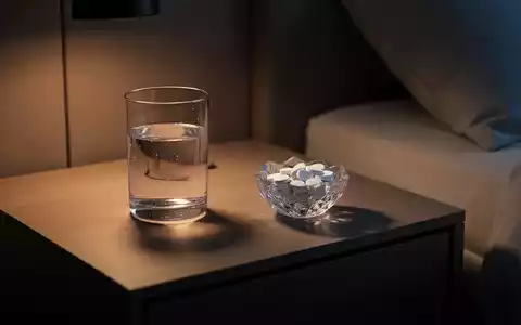 Ein Glas Wasser und Magnesiumtabletten auf einem Nachttisch in gedimmtem, warmem Licht. - Foto: über boerse-global.de