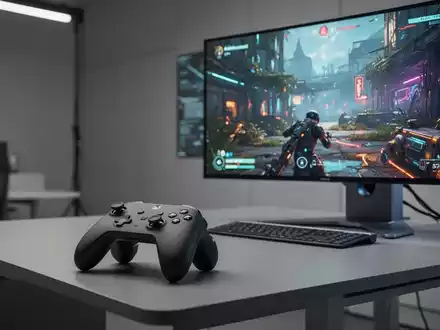 Moderner Gaming-Controller auf einem Schreibtisch neben einem Monitor mit Videospiel, symbolisiert Cloud-Gaming-Zugänglichkeit. - Foto: über boerse-global.de